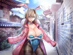 Rule 34 | 1girl, animal ears, architecture, asuna (blue archive), asuna (bunny) (blue archive), black pantyhose, blue archive, blue bow, blue bowtie, blue leotard, bow, bowtie, breasts, building, coat, coat on shoulders, covered navel, cowboy shot, day, detached collar, east asian architecture, fake animal ears, fur-trimmed hood, fur trim, gloves, hair over one eye, highleg, highleg leotard, highres, hood, hood down, hooded coat, leotard, light brown hair, long sleeves, mole, mole on breast, nayamer, outdoors, pantyhose, pink coat, playboy bunny, rabbit ears, road, snow, solo, standing, strapless, strapless leotard, street, thighband pantyhose, traditional bowtie, white gloves, winter
