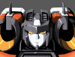 Rule 34 | ark line, decepticon, frown, grey background, highres, looking at viewer, mecha, no humans, portrait, robot, science fiction, shoulder cannon, solo, starscream, transformers, transformers armada, upper body