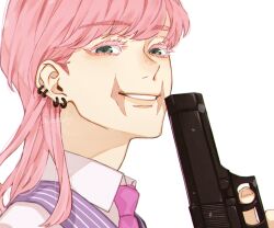 Rule 34 | 1boy, close-up, collared shirt, ear piercing, eyelashes, from side, green eyes, gun, head tilt, holding, holding gun, holding weapon, looking at viewer, male focus, medium hair, mog ky, necktie, parted lips, piercing, pink hair, portrait, purple necktie, purple vest, sanzu haruchiyo, scar, scar on face, shirt, simple background, smile, solo, striped clothes, teeth, tokyo revengers, twitter username, vest, weapon, white shirt, wolf cut