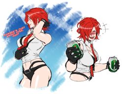 Rule 34 | 1girl, bare shoulders, black gloves, breasts, crop top, cropped shirt, english text, gloves, highres, large breasts, lips, lipstick, looking at viewer, makeup, mature female, mergeritter, midriff, navel, necktie, open mouth, red eyes, red hair, red necktie, shirt, short hair, sleeveless, smile, snk, solo, suspenders, teeth, the king of fighters, vanessa (kof), watermark