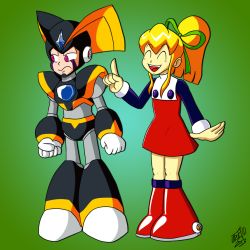 Rule 34 | 1boy, 1girl, android, bass (mega man), blonde hair, capcom, clenched hands, dress, closed eyes, frown, full body, grin, hand up, helmet, mega man (classic), mega man (series), open mouth, ponytail, red dress, red eyes, roll (mega man), sidelocks, smile, standing