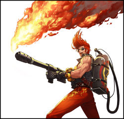Rule 34 | 00s, arsonist bentinck, dungeon and fighter, fire, flamethrower, lowres, male focus, orange hair, pompadour, skull, smile, sunglasses, weapon