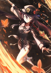 Rule 34 | 1girl, alulunkiruto, black footwear, black hat, black shorts, blush, brown hair, bug, butterfly, chinese clothes, coattails, collared coat, commentary request, fire, flower, flower-shaped pupils, genshin impact, grin, hat, highres, holding, holding polearm, holding weapon, hu tao (genshin impact), insect, kneehighs, long hair, long sleeves, looking at viewer, one eye closed, plum blossoms, polearm, porkpie hat, red eyes, short shorts, shorts, smile, socks, solo, symbol-shaped pupils, teeth, twintails, weapon, white socks