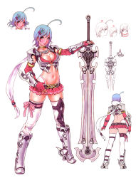 Rule 34 | 1girl, absurdres, ahoge, armor, armored boots, ass, asymmetrical clothes, back, belt, blue hair, boots, bow, breasts, cleavage, cocona (yamashita shunya), flower, from behind, full body, gauntlets, green eyes, hair flower, hair ornament, hand on own hip, high heels, highres, holding, holding sword, holding weapon, looking at viewer, medium breasts, midriff, miniskirt, multiple views, navel, scarf, shoes, short hair, silver hair, skirt, standing, stomach, sword, thigh boots, thighhighs, weapon, wild flower, yamashita shun&#039;ya