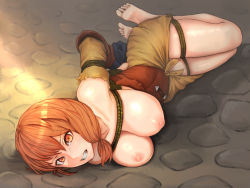 Rule 34 | 1girl, angry, barefoot, bdsm, bondage, bound, bound ankles, bound arms, bound wrists, breasts, clenched teeth, feet, female focus, fire emblem, fire emblem: three houses, large breasts, leonie pinelli, long hair, looking at viewer, lying, matching hair/eyes, nintendo, nipples, on side, orange eyes, orange hair, pocari66, restrained, rope, shibari, shibari over clothes, soles, solo, tears, teeth, toes, torn clothes