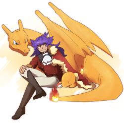 Rule 34 | 1boy, ascot, boots, brown footwear, buttons, cape, charizard, charmander, creatures (company), dark-skinned male, dark skin, evolutionary line, facial hair, fire, flame-tipped tail, fur-trimmed cape, fur trim, game freak, gen 1 pokemon, hand on own knee, highres, invisible chair, leon (pokemon), long hair, male focus, morio (poke orio), nintendo, pants, parted lips, poke ball, poke ball (basic), pokemon, pokemon (creature), pokemon swsh, purple hair, red cape, sitting, smile, tailcoat, white ascot, yellow eyes