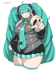 Rule 34 | 1girl, :d, aqua eyes, aqua hair, arm tattoo, belly, black skirt, blue nails, blue necktie, blue thighhighs, blush, breasts, clenched hand, collared shirt, covered navel, cowboy shot, detached sleeves, foreshortening, grey shirt, hatsune miku, head tilt, highres, large breasts, long hair, looking at viewer, medium breasts, necktie, open mouth, parted lips, pleated skirt, plump, shirt, skirt, sleeveless, sleeveless shirt, smile, solo, tattoo, thick thighs, thighhighs, thighs, translation request, twintails, utoka, v, very long hair, vocaloid, white background
