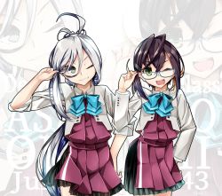 Rule 34 | 2girls, ahoge, asashimo (kancolle), black hair, blazer, blue-framed eyewear, bow, bowtie, commentary request, cowboy shot, glasses, green eyes, grey eyes, hair over one eye, halterneck, highres, jacket, kantai collection, long hair, looking at viewer, multicolored hair, multiple girls, okinami (kancolle), parted lips, pink hair, ponytail, school uniform, short hair, silver hair, sleeves rolled up, torikai a, underskirt, zoom layer