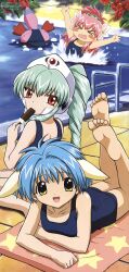 Rule 34 | &gt; &lt;, 3girls, \o/, absurdres, animal ears, arms up, barefoot, blue hair, blush stickers, closed eyes, feet, flailing, galaxy angel, highres, kimura masahiro, legs up, looking at viewer, lying, megami magazine, milfeulle sakuraba, mint blancmanche, multiple girls, normad, official art, on stomach, one-piece swimsuit, outstretched arms, pink hair, pool, pool ladder, poolside, school swimsuit, short hair, sitting, soles, swimsuit, toes, towel, vanilla h, wariza, water, yellow eyes