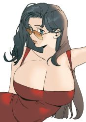 Rule 34 | 1girl, arm up, bare shoulders, blue eyes, breasts, cleavage, collarbone, dress, grey hair, kurumi (recycllamo), large breasts, lips, long hair, looking at viewer, original, parted lips, red dress, simple background, sleeveless, sleeveless dress, solo, sunglasses, white background