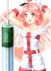 Rule 34 | 1girl, angel wings, bad id, bad pixiv id, blush, cowboy shot, curly hair, duel monster, hat, highres, holding, injection fairy lily, komimiyako, large syringe, looking at viewer, nurse, nurse cap, oversized object, parted bangs, pink eyes, pink hair, smile, solo, syringe, wings, yu-gi-oh!, yu-gi-oh! duel monsters