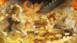 Rule 34 | 1boy, 3girls, blunt bangs, character request, cupping hands, detached sleeves, eating, festival, fireworks, floating, hair rings, hand on own chest, japanese clothes, long hair, long sleeves, looking at viewer, mouth hold, multiple girls, onmyoji, own hands together, parted bangs, red wings, ruoganzhao, wings