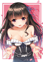 Rule 34 | 1girl, bare shoulders, belt, black dress, blue ribbon, blunt bangs, breasts, brown hair, center frills, cleavage, collarbone, commentary request, detached sleeves, dress, frills, hair ornament, hair ribbon, hands up, large breasts, long hair, looking at viewer, open mouth, original, palms, petals, purple eyes, ribbon, smile, solo, strapless, strapless dress, teeth, upper body, upper teeth only, yuxian youka
