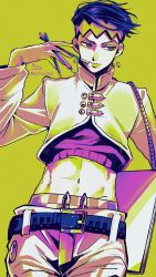 Rule 34 | 1boy, absurdres, belt, belt buckle, between fingers, blue belt, buckle, closed mouth, commentary, cowboy shot, crop top, diamond wa kudakenai, earrings, nib pen (object), hand up, high collar, highres, holding, holding paintbrush, jacket, jewelry, jojo no kimyou na bouken, kishibe rohan, long sleeves, looking away, looking to the side, male focus, midriff, navel, paintbrush, pants, pen, pink sweater, purple eyes, purple hair, signature, simple background, sofra, solo, sweater, symbol-only commentary, twitter username, white jacket, white pants, yellow background