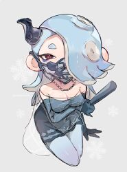 Rule 34 | 1girl, black gloves, blue hair, breasts, cephalopod eyes, cleavage, commentary request, fake horns, gloves, hair over one eye, highres, horns, jewelry, long hair, looking at viewer, mask, medium breasts, mouth mask, necklace, nintendo, octoling, official alternate costume, piyomaru (hachiyonnxxxx), red eyes, see-through, see-through shawl, shawl, shiver (splatoon), simple background, single horn, solo, splatoon (series), splatoon 3, tentacle hair, white background