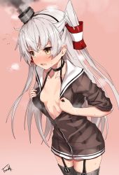 Rule 34 | 1girl, amatsukaze (kancolle), black panties, blush, breasts, brown dress, brown eyes, collarbone, commentary request, dress, flying sweatdrops, garter straps, hair between eyes, hair tubes, hat, highres, kantai collection, long hair, long sleeves, looking at viewer, mini hat, navel, no bra, open clothes, open mouth, panties, red background, sailor collar, sailor dress, school uniform, see-through, serafuku, short dress, side-tie panties, silver hair, simple background, smoke, solo, standing, steam, sweat, sweatdrop, takanashi kei (hitsujikan), two side up, underwear, undressing, wet