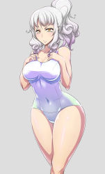 Rule 34 | 1girl, absurdres, blush, breasts, carmilla (fate), covered navel, curly hair, fate (series), gensui (auoua), hands on own chest, highres, hip focus, long hair, medium breasts, one-piece swimsuit, ponytail, solo, swimsuit, white hair, white one-piece swimsuit, yellow eyes