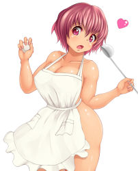 Rule 34 | 1girl, apron, bare shoulders, breasts, cooking, covered erect nipples, curvy, egg, female focus, food, heart, huge breasts, icicle (circle), naked apron, open mouth, pink eyes, pink hair, short hair, simple background, solo, standing, thighs, white background