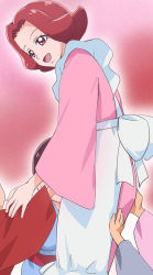 Rule 34 | 10s, 1girl, :d, haruyama kazunori, kirakira precure a la mode, long sleeves, looking at another, looking down, lumiere (precure), open mouth, pink background, pink eyes, pink hair, precure, short hair, smile, solo focus, wide sleeves