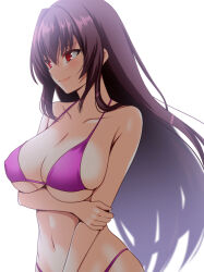 Rule 34 | 1girl, bare shoulders, bikini, breasts, closed mouth, collarbone, commentary request, covered erect nipples, engo (aquawatery), fate/grand order, fate (series), holding own arm, large breasts, long hair, looking to the side, navel, purple bikini, purple hair, red eyes, scathach (fate), simple background, smile, solo, swimsuit, upper body, very long hair, white background