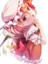 Rule 34 | 1girl, backlighting, bad id, bad pixiv id, blonde hair, dress, fang, flandre scarlet, hat, hat ribbon, looking at viewer, looking back, mob cap, open mouth, opopowa, puffy sleeves, red dress, red eyes, ribbon, shirt, short sleeves, solo, touhou, wings