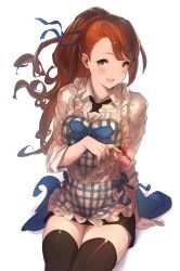 Rule 34 | 10s, 1girl, apron, bad id, bad pixiv id, beatrix (granblue fantasy), black thighhighs, blue ribbon, box, brown hair, gift, gift box, granblue fantasy, hair ribbon, hanarito, heart-shaped box, highres, looking at viewer, ribbon, simple background, sitting, smile, solo, thighhighs, valentine, white background, yellow eyes