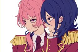 Rule 34 | 2boys, ao (ao0 0nemu), bad id, bad twitter id, blue eyes, blue hair, collared shirt, epaulettes, hand up, highres, jacket, king of prism, long sleeves, looking to the side, male focus, multiple boys, open mouth, pink eyes, pink hair, pretty rhythm, pretty series, profile, red jacket, saionji leo, shirt, short hair, simple background, smile, suzuno yuu, trap, upper body, white background, white shirt