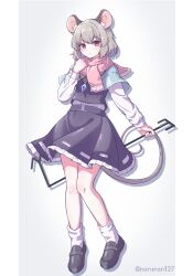 Rule 34 | 1girl, animal ears, black footwear, black skirt, black vest, blue capelet, blush, capelet, closed mouth, dowsing rod, full body, grey hair, highres, hihi (cvwv4322), jewelry, looking at viewer, mouse ears, mouse tail, nazrin, pendant, pink scarf, red eyes, scarf, shoes, short hair, skirt, socks, solo, tail, touhou, twitter username, vest, white socks