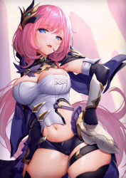 Rule 34 | 1girl, armor, armpit crease, asymmetrical sleeves, black capelet, black gloves, black shorts, black sleeves, black thighhighs, blue eyes, breasts, capelet, cleavage, commentary request, cowboy shot, detached sleeves, elysia (honkai impact), elysia (miss pink elf) (honkai impact), faulds, gloves, groin, hair between eyes, hair ornament, hand on own hip, highres, honkai (series), honkai impact 3rd, large breasts, long hair, looking at viewer, midriff, navel, open mouth, pink hair, pointy ears, shirt, short shorts, shorts, sidelocks, signature, single glove, skindentation, solo, standing, strapless, strapless shirt, taut clothes, taut shirt, teeth, thigh strap, thighhighs, thighs, upper teeth only, white shirt, xfate