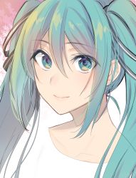 Rule 34 | 1girl, aqua eyes, aqua hair, asa (coco), commentary request, cropped shoulders, hair between eyes, hatsune miku, long hair, looking at viewer, portrait, sidelocks, smile, solo, twintails, vocaloid, white background