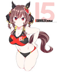 Rule 34 | 1girl, animal ears, black buruma, braided hair rings, breasts, brown hair, buruma, cleavage, cowboy shot, cropped legs, ear covers, gentildonna (umamusume), heart-shaped ornament, heart ear ornament, horse ears, horse girl, horse tail, large breasts, looking at viewer, numbered, red eyes, red sports bra, shigino sohuzi, simple background, solo, sports bikini, sports bra, tail, two-tone buruma, two-tone sports bra, umamusume, white background