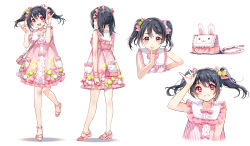 Rule 34 | 10s, 1girl, :d, black hair, blush, character sheet, double n/, dress, female focus, finger to mouth, fox shadow puppet, hair ornament, hair ribbon, hairclip, highres, looking at viewer, love live!, love live! school idol project, multiple views, \n/, open mouth, pouch, red eyes, ribbon, sheska xue, short hair, short twintails, smile, twintails, upper body, white background, wrist cuffs, yazawa nico