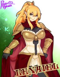 Rule 34 | 1girl, agawa ryou, armor, artist name, bad id, bad tumblr id, blonde hair, breastplate, breasts, cape, character name, copyright request, earrings, fantasy, hand on own hip, jewelry, large breasts, orange eyes, pauldrons, pointy ears, ponytail, shoulder armor, showgirl skirt, skin tight, solo