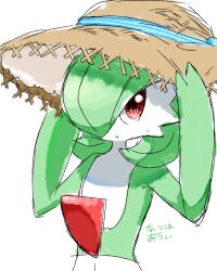 Rule 34 | 1girl, adjusting clothes, adjusting headwear, artist name, bob cut, brown hat, clothed pokemon, colored skin, creatures (company), female focus, flat chest, game freak, gardevoir, gen 3 pokemon, green hair, green skin, hair over one eye, hands up, hat, highres, japanese text, looking at viewer, muguet, multicolored skin, nintendo, one eye covered, open mouth, pokemon, pokemon (creature), red eyes, short hair, signature, simple background, sketch, solo, standing, straw hat, sweat, translation request, two-tone skin, upper body, white background, white skin