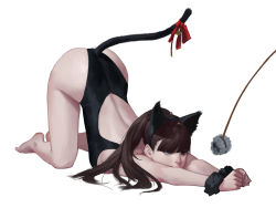 Rule 34 | all fours, animal ears, ass, back, back cutout, bare hips, bare shoulders, barefoot, blunt bangs, bodysuit, brown eyes, brown hair, cat ears, cat tail, cat teaser, clothing cutout, cuffs, dongho kang, fake animal ears, from side, full body, leotard, long hair, looking away, mole, mole on nose, original, own hands together, pet play, ribbon, scrunchie, simple background, solo, tail, top-down bottom-up, white background, wrist scrunchie