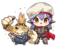 Rule 34 | 1boy, 1girl, android, bow, cape, chibi, flower, goggles, goggles on head, hat, nopon, orange eyes, overalls, poppi (xenoblade), poppi alpha (xenoblade), purple hair, red bow, red cape, red eyes, short hair, tora (xenoblade 2), twintails, xenoblade chronicles (series), xenoblade chronicles 2, zer00han