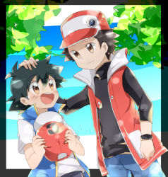 Rule 34 | 2boys, ash ketchum, baseball cap, black hair, black undershirt, blue pants, blue vest, brown eyes, cowboy shot, creatures (company), dated, eye contact, game freak, hand in pocket, hand on another&#039;s head, hat, headpat, height difference, holding, holding clothes, holding hat, leaf, looking at another, miu (chuyu825), multiple boys, nintendo, no headwear, pants, pokemon, pokemon (anime), pokemon journeys, pokemon masters ex, red (pokemon), red headwear, red vest, shirt, short hair, short sleeves, sky, sleeves past elbows, vest, white shirt