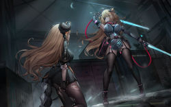 Rule 34 | 2girls, ahoge, arm up, belt pouch, black dress, black gloves, blonde hair, boots, breasts, brown legwear, chain-link fence, commentary, container, crescent moon, detached sleeves, dk.senie, dress, dual wielding, eyepatch, fence, floating hair, garter straps, gloves, grey footwear, hair ornament, half gloves, headset, holding, holding sword, holding weapon, horns, injury, kneeling, large breasts, long hair, long sleeves, looking at another, moon, multiple girls, night, original, pantyhose, parted lips, pouch, red scarf, scarf, short dress, standing, sword, symbol-only commentary, thighhighs, torn clothes, torn legwear, two side up, very long hair, weapon, yellow eyes