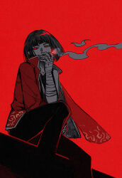 Rule 34 | 1girl, bandaged hand, bandages, black hair, black pants, cigarette, flaw eight, hand up, highres, jacket, jacket on shoulders, knee up, limbus company, looking to the side, pants, project moon, red background, red eyes, red jacket, red thighhighs, ryoshu (project moon), short hair, simple background, sitting, smoke, smoking, solo, thighhighs