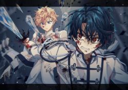 Rule 34 | 2boys, black hair, blonde hair, blood, blood on clothes, blood on face, blood splatter, blue eyes, facing viewer, heathcliff blanchett, highres, letterboxed, looking down, looking to the side, mahoutsukai no yakusoku, male focus, motion blur, multiple boys, naruta iyo, open mouth, parted lips, red eyes, shino sherwood, short hair, teeth