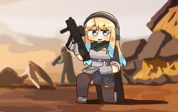 Rule 34 | 1girl, bandana, black thighhighs, blonde hair, blue eyes, blue hair, bullpup, gloves, gradient hair, gun, headset, helldiver (helldivers), helldivers (series), highres, holding, lcron, long hair, looking at viewer, multicolored hair, non-web source, open mouth, thighhighs, thumbs up, virtual youtuber, weapon, zeta (vtuber)