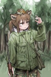 Rule 34 | 1girl, absurdres, animal, animal ears, animal on head, bag over shoulder, brown eyes, brown hair, closed mouth, forest, fox ears, fox girl, fox girl (yihan1949), fox tail, gun, highres, holding, holding weapon, military uniform, nature, on head, original, rifle, solo, squirrel, tail, uniform, weapon, yihan1949