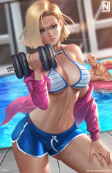 Rule 34 | 1boy, 1girl, android 18, bald, bare shoulders, blonde hair, blue eyes, blue shorts, blush, breasts, cleavage, closed mouth, commentary, dragon ball, dragonball z, dumbbell, earrings, english commentary, halterneck, indoors, innertube, jewelry, kuririn, large breasts, looking at viewer, midriff, muscular, navel, nopeys, off shoulder, pink lips, pink sweater, pool, short hair, short shorts, shorts, standing, sweater, swim ring, thighs, toned, water, wet