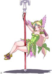 Rule 34 | 1girl, blonde hair, blue eyes, blush, breasts, bridal gauntlets, cleavage, collarbone, commentary, embarrassed, english commentary, finalcake, full body, gloves, helmet, long hair, looking to the side, low-tied long hair, medium breasts, pole, pout, riesz, seiken densetsu, seiken densetsu 3, simple background, sketch, solo, stripper pole, weapon, white background, winged helmet