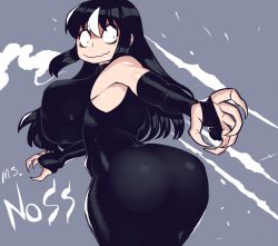 Rule 34 | 1girl, absurdres, ass, black hair, borrowed character, breasts, claws, english text, fingernails, grey background, halftone, highres, huge breasts, large breasts, long hair, minami aomori, noss (rariatto), sharp fingernails, thick thighs, thighs, vampire, wavy mouth