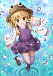 Rule 34 | :d, absurdres, blonde hair, blue background, brown hat, commentary request, full body, hat, highres, looking at viewer, miniskirt, moriya suwako, open mouth, purple skirt, short hair, skindentation, skirt, smile, solo, suigetsu (watermoon-910), thighhighs, touhou, v, water drop, white thighhighs, wide sleeves, yellow eyes, zettai ryouiki