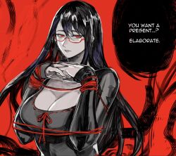 Rule 34 | 1girl, black background, breasts, cleavage, collarbone, cropped, english text, glasses, hands up, highres, interlocked fingers, kamishiro rize, large breasts, long sleeves, parted lips, red-framed eyewear, red background, red eyes, red ribbon, ribbon, smile, solo, teeth, tokyo ghoul, yourfreakyneighbourh