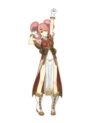 Rule 34 | 1girl, absurdres, arm up, armor, boots, breastplate, curly hair, dress, fire emblem, fire emblem echoes: shadows of valentia, full body, gloves, headband, hidari (left side), highres, knee boots, long hair, mae (fire emblem), nintendo, official art, one eye closed, pelvic curtain, pink hair, simple background, smile, solo, twintails, white background, white gloves
