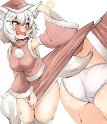 Rule 34 | 1girl, accidental exposure, alternate costume, anger vein, angry, animal ear fluff, animal ears, ass, assisted exposure, blouse, blush, breasts, candy, candy cane, christmas, clothes lift, detached sleeves, embarrassed, female focus, food, fur-trimmed headwear, fur trim, hat, inubashiri momiji, medium breasts, mepikari, miniskirt, multiple views, panties, pom pom (clothes), red eyes, red headwear, red shirt, red skirt, red sleeves, santa hat, shirt, short hair, sidelocks, simple background, skindentation, skirt, skirt caught on object, skirt lift, sleeveless, sleeveless shirt, sweat, tail, thighhighs, thighs, touhou, underwear, upskirt, v-shaped eyebrows, white background, white hair, white panties, white thighhighs, wide sleeves, wolf ears, wolf girl, wolf tail