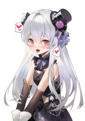 Rule 34 | 1girl, @ @, absurdres, bangle, black bow, black dress, black hat, blush, bow, bowtie, bracelet, breasts, chinese commentary, commentary request, detached sleeves, dress, flower, gloves, grey hair, hair between eyes, hair bow, hat, hat flower, heart, highres, jewelry, long hair, looking at viewer, mini hat, mini top hat, original, paheide guang, pink flower, polka dot, polka dot bow, red eyes, saliva, sidelocks, simple background, sleeveless, sleeveless dress, small breasts, solo, spade (shape), spoken heart, star (symbol), teeth, tilted headwear, tongue, tongue out, top hat, two side up, upper teeth only, v arms, white background, white gloves
